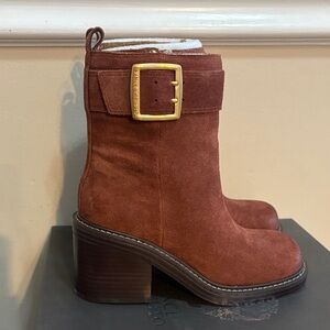 Vince Camuto Brown Suede Ankle Boots with Gold Buckle